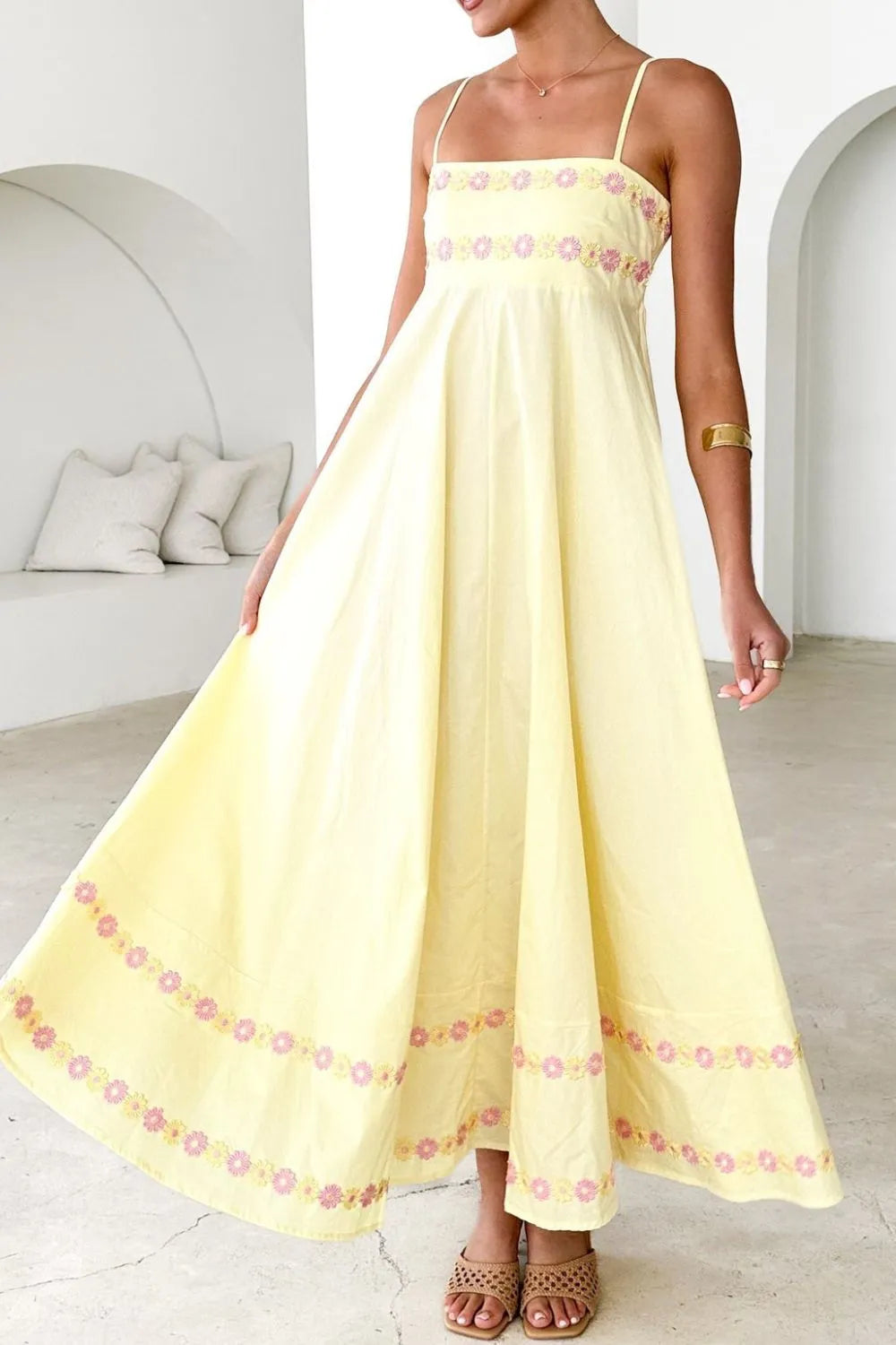 Maxi Dress Floral Embroidered Spaghetti Strap Ruffled A-Line Party Pastel Yellow 167c4c5e-5cc3-4d78-b4f8-e778454c2424-Max-Origin Trendsi