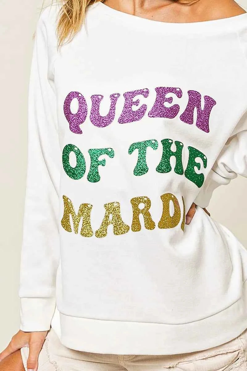BiBi Women’s Mardi Gras Glitter Print Sweatshirt Queen of Mardi Casual Top