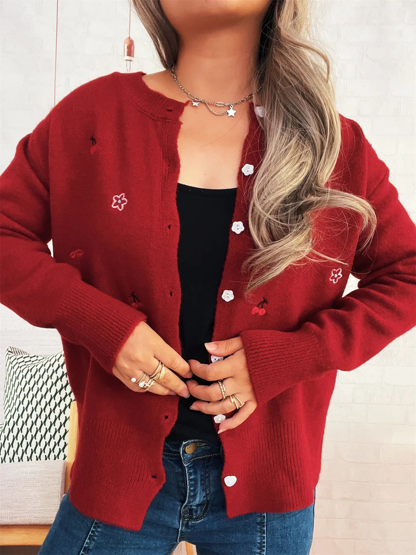 Women's Cardigan Ribbed Button-Front Knit Embroidered Long Sleeve 1690740df71f45ccb1fc018d457f0d0c-Max-Origin Trendsi