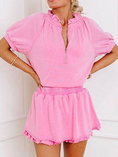 Women's Outfit Set Pink Half Zip Puff Sleeve Top and Ruffled Shorts 2 Pcs 1694a462-356e-4171-9e53-34f0f01d346a-Min Trendsi