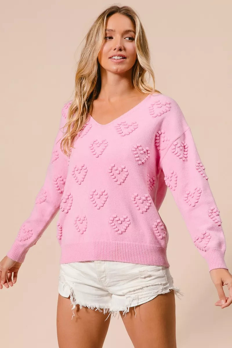BiBi Women's Knit Top Pink Valentines Heart Pompom V Neck PINK 1695930e2ab14887a139ce2033e68436-Max-Origin Trendsi