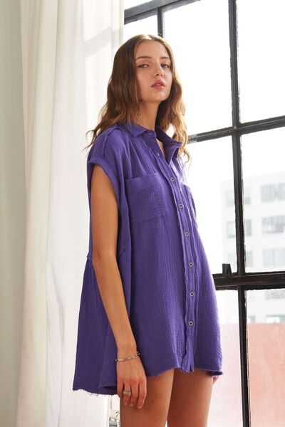 ADORA Shirt Raw Hem Collared Neck Button Down Short Sleeve Violet Top 16966ed0-6add-4289-8641-1b554144d31b-Min Trendsi