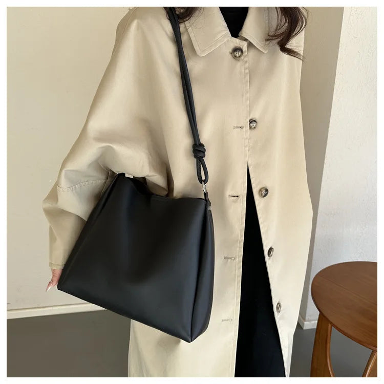 Women's Casual Shoulder Bag Simple PU Leather Knot Straps Black Handbags
