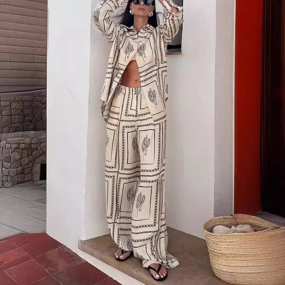 Women's Casual Fashion Outfit Set Cactus Print Long Sleeve Shirt Wide Leg Pants