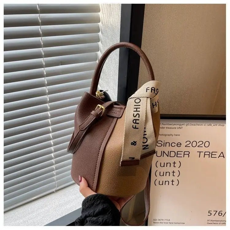 Women's Bucket Bag Small Coffee Brown PU Leather Two-Tone Casual Crossbody