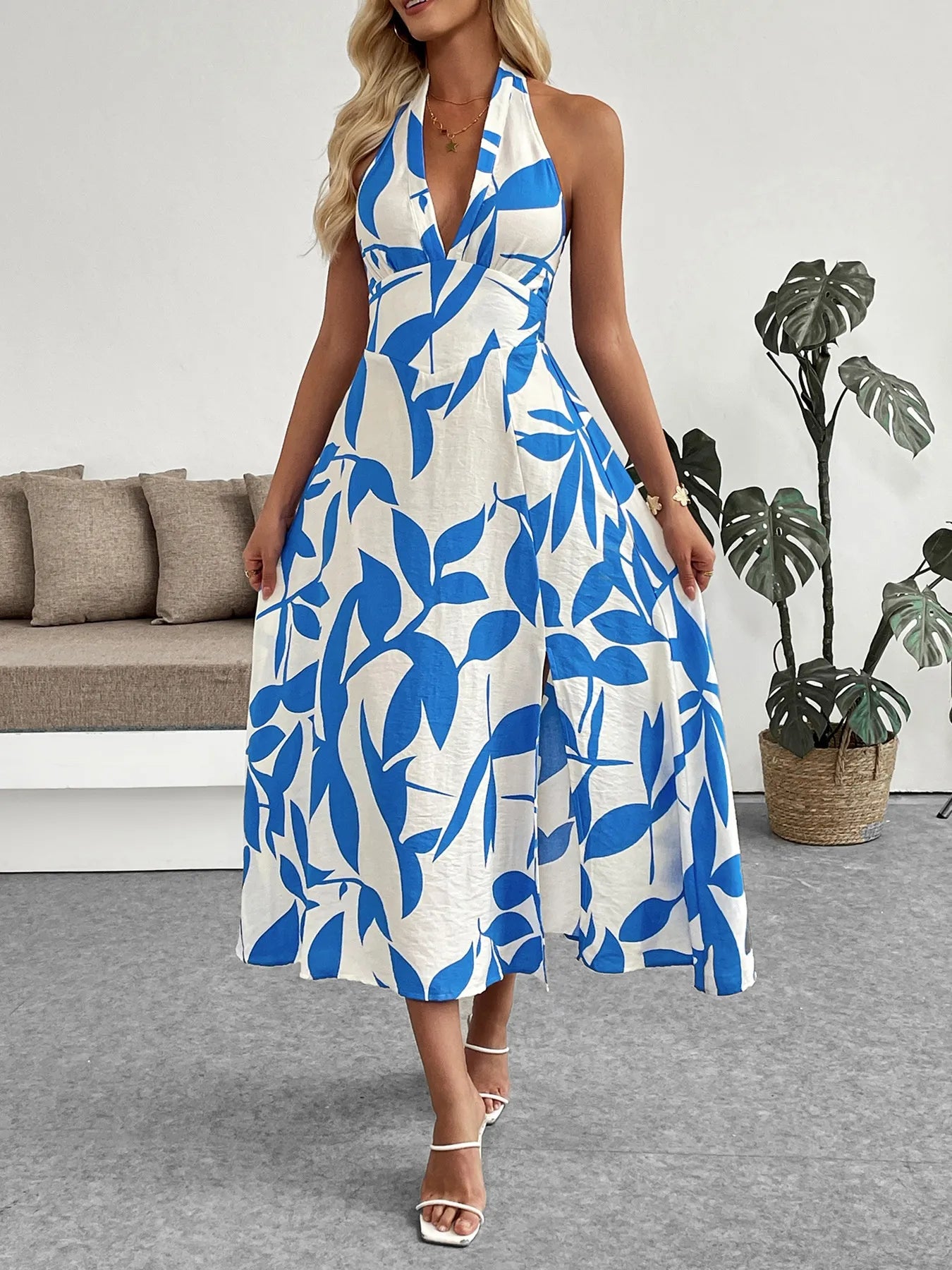 Midi Dress Blue Leaf Print Halter Neck Back Tied Backless Smocked Blue 16a7fb7c-fc0c-4617-b392-0b7ed1c70ebf-Max-Origin Trendsi