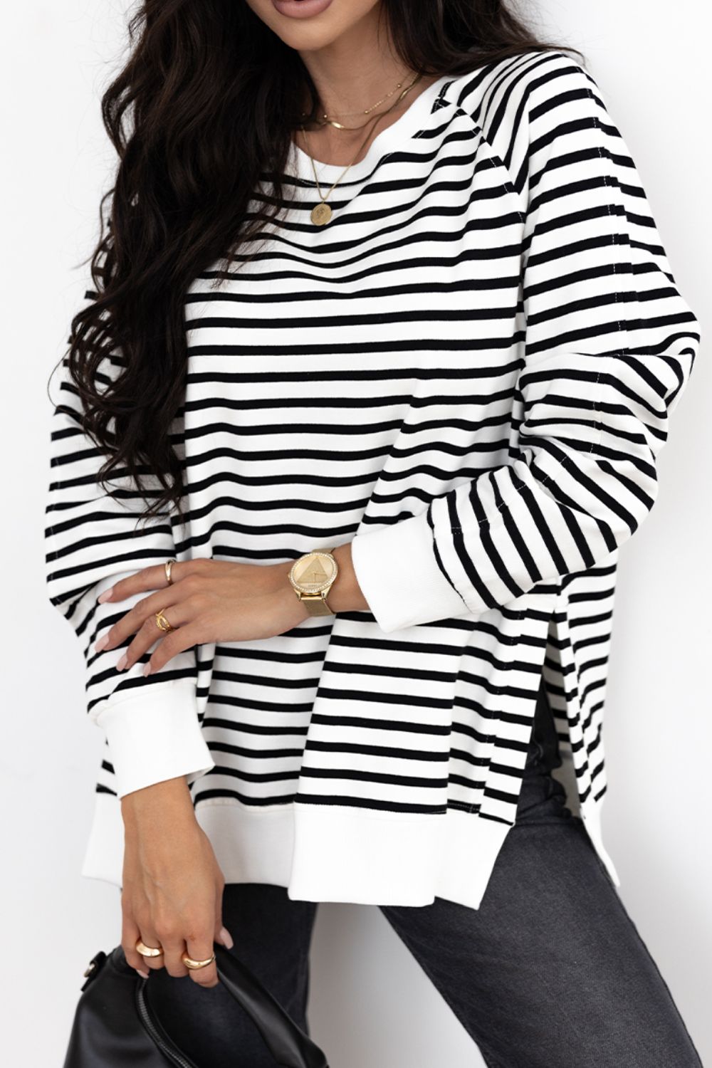 Striped Women Sweatshirt Cotton Side Slit Raglan Long Sleeve Oversized