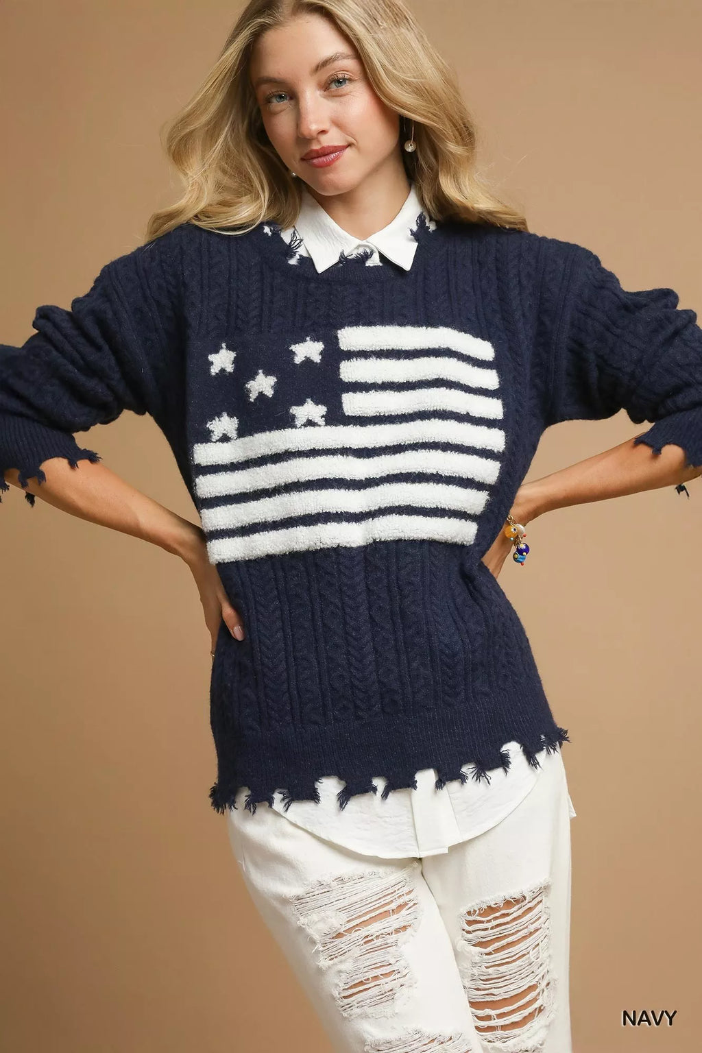 Umgee Womens Sweater Navy American Flag Distressed Knit Pullover 16ba6fc5-2119-4715-8a45-0b0b9b287726-Max-Origin Trendsi