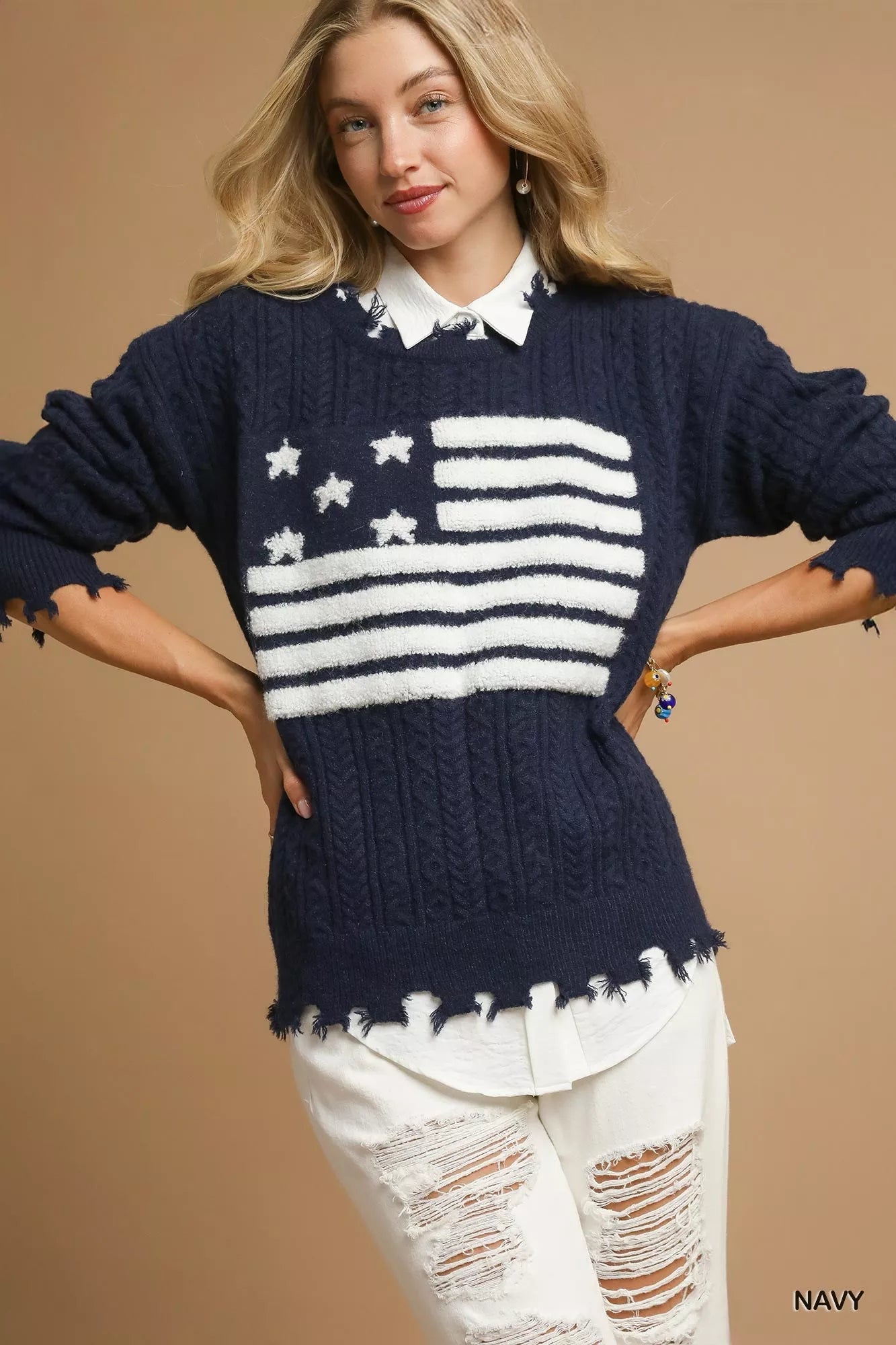 Umgee Womens Sweater Navy American Flag Distressed Knit Pullover 16ba6fc5-2119-4715-8a45-0b0b9b287726-Max-Origin Trendsi