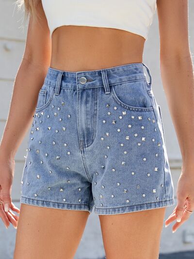 Moni Wear Denim Shorts Women's Rhinestone Washed High Waist 16c2b26a-efa5-4e1b-ab77-e688e0558198-Min Trendsi