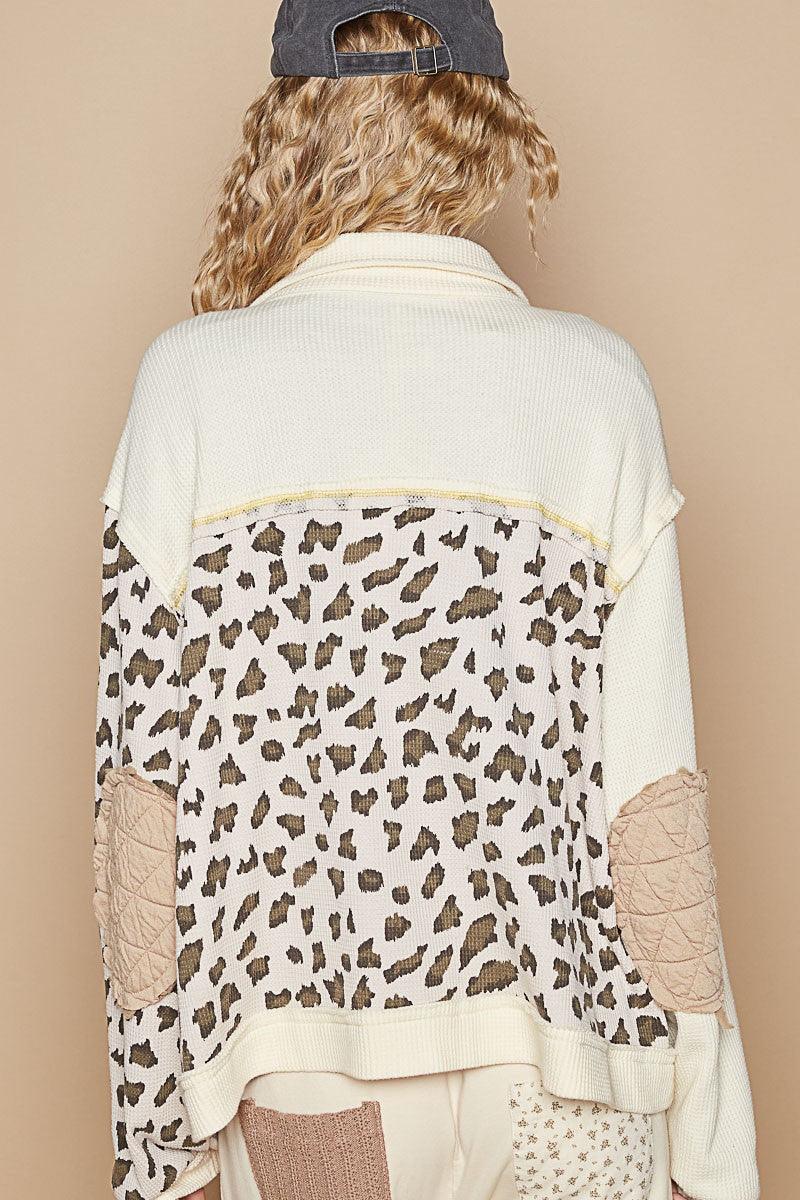 POL Leopard Jacket Waffle-Knit Women Exposed Seam Button Up Quilted