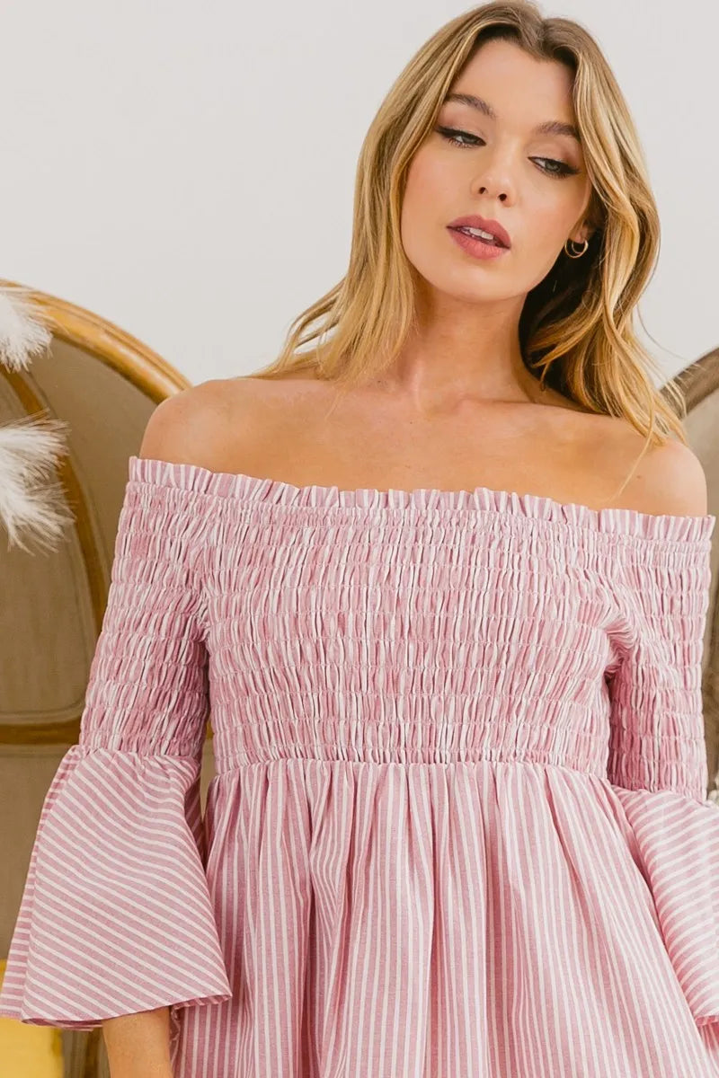 BiBi Striped Dress Blush Pink Smocked Off Shoulder Ruffled 16cf46aeb8c3448ca835574bdee33f7d-Max-Origin Trendsi