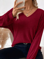 Womens Red Knit Top V Neck Ribbon Bow Back Long Sleeve Sweater 16d04ada-b047-43fe-9ebd-2f75339cd343-Max-Origin Trendsi