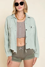 POL Corduroy Trucker Jacket Button Up Raw Hem Sage Ribbed Pocketed Sage 16d1bea9-24ee-4596-b14c-678a7f7ef0ee-Max-Origin Trendsi
