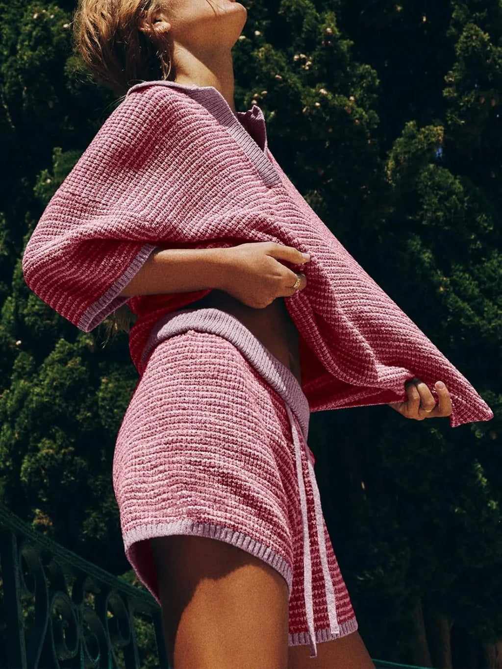 Sweater Set Women's Collared Neck Contrast Striped Top and Shorts 2 Pcs 16e69dd2-16eb-4a73-95e4-e7be71dfa2c1-Max-Origin Trendsi