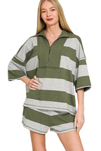 Zenana Olive Striped French Terry Half-Zip Top and Shorts Lounge Set