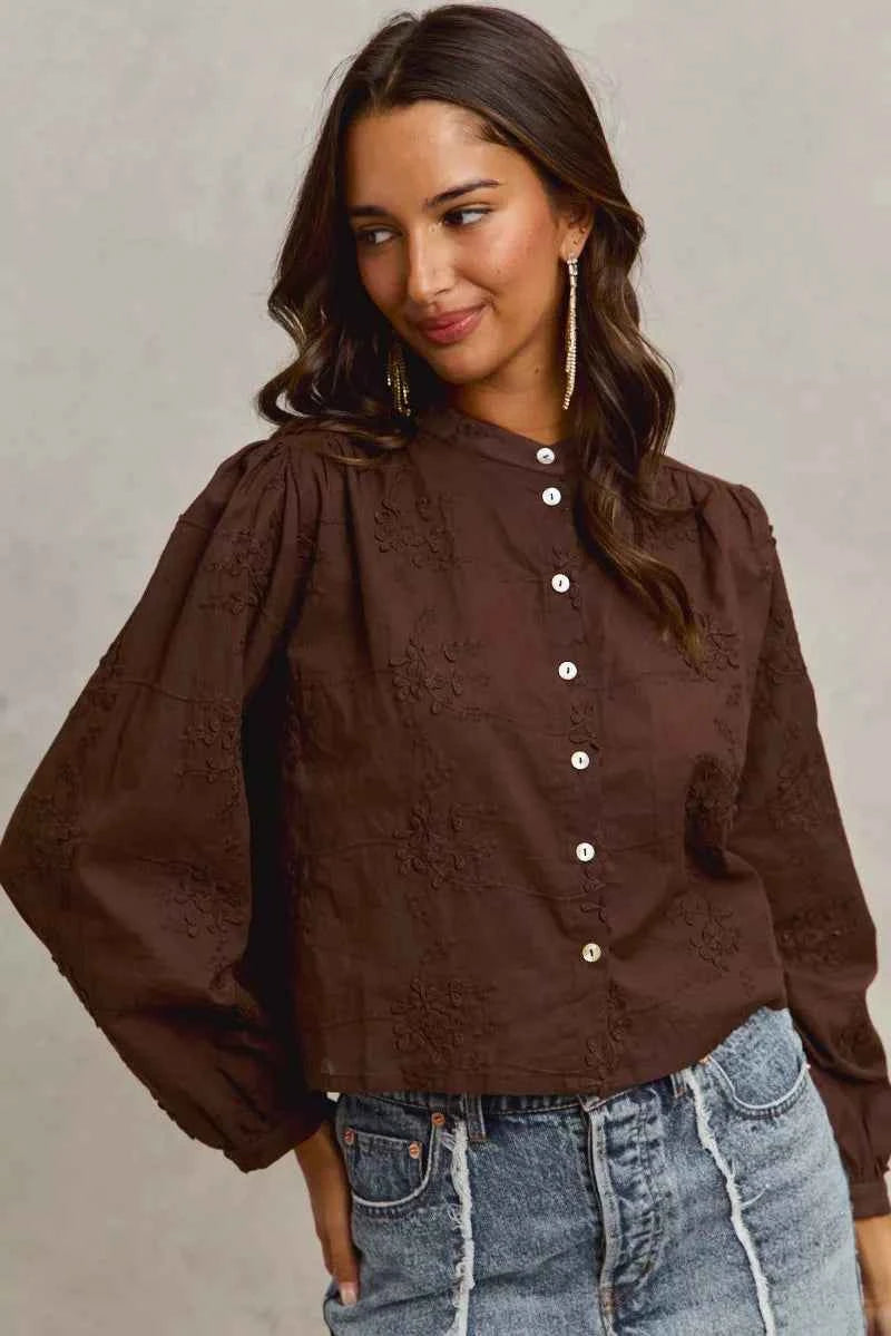 SO ME Women Shirt 3d Floral Brown Woven Cotton Long Sleeve Front Button Top 16f561700560458982d231d12a6a41c0-Max-Origin Trendsi