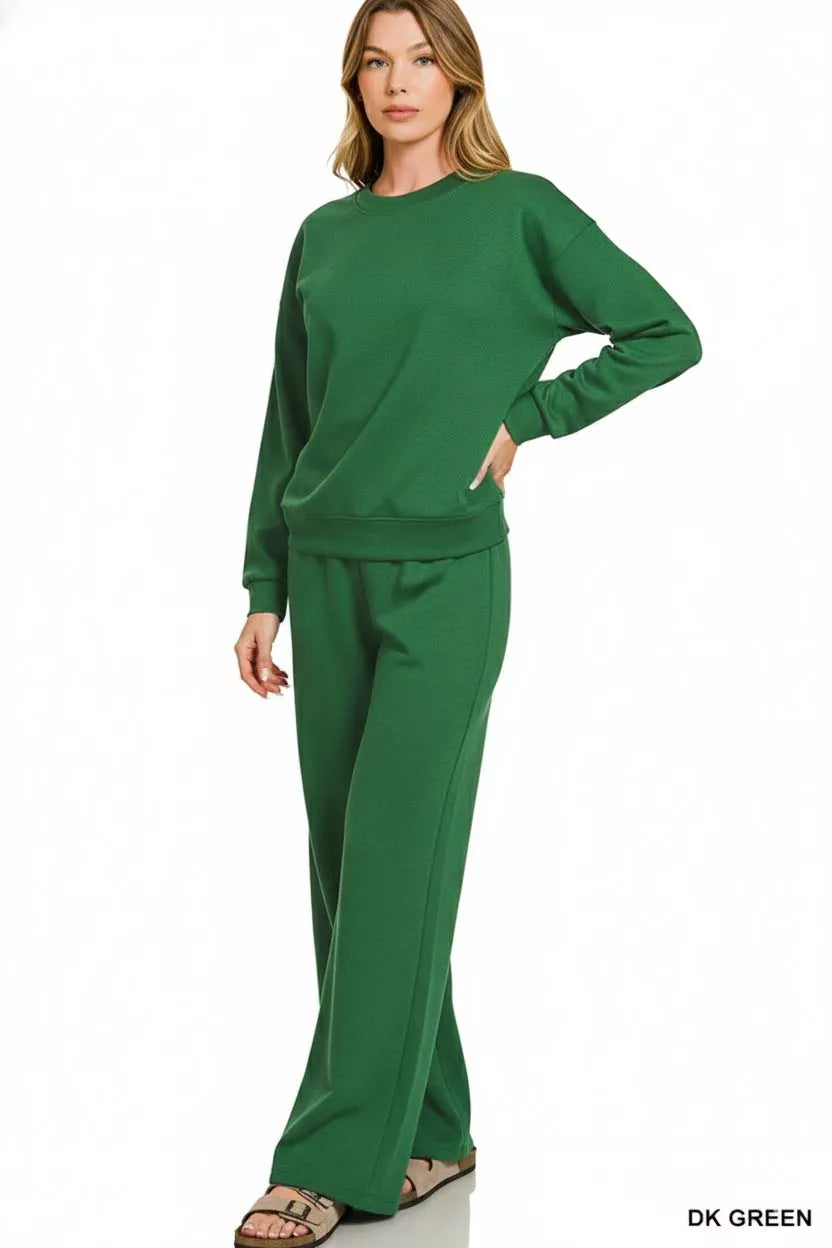 Zenana Womens Outfit Set Dark Green Scuba Crewneck Pullover and Pants 16f9afa2-0d77-4cdd-be42-1892986aaeea-Max-Origin Trendsi
