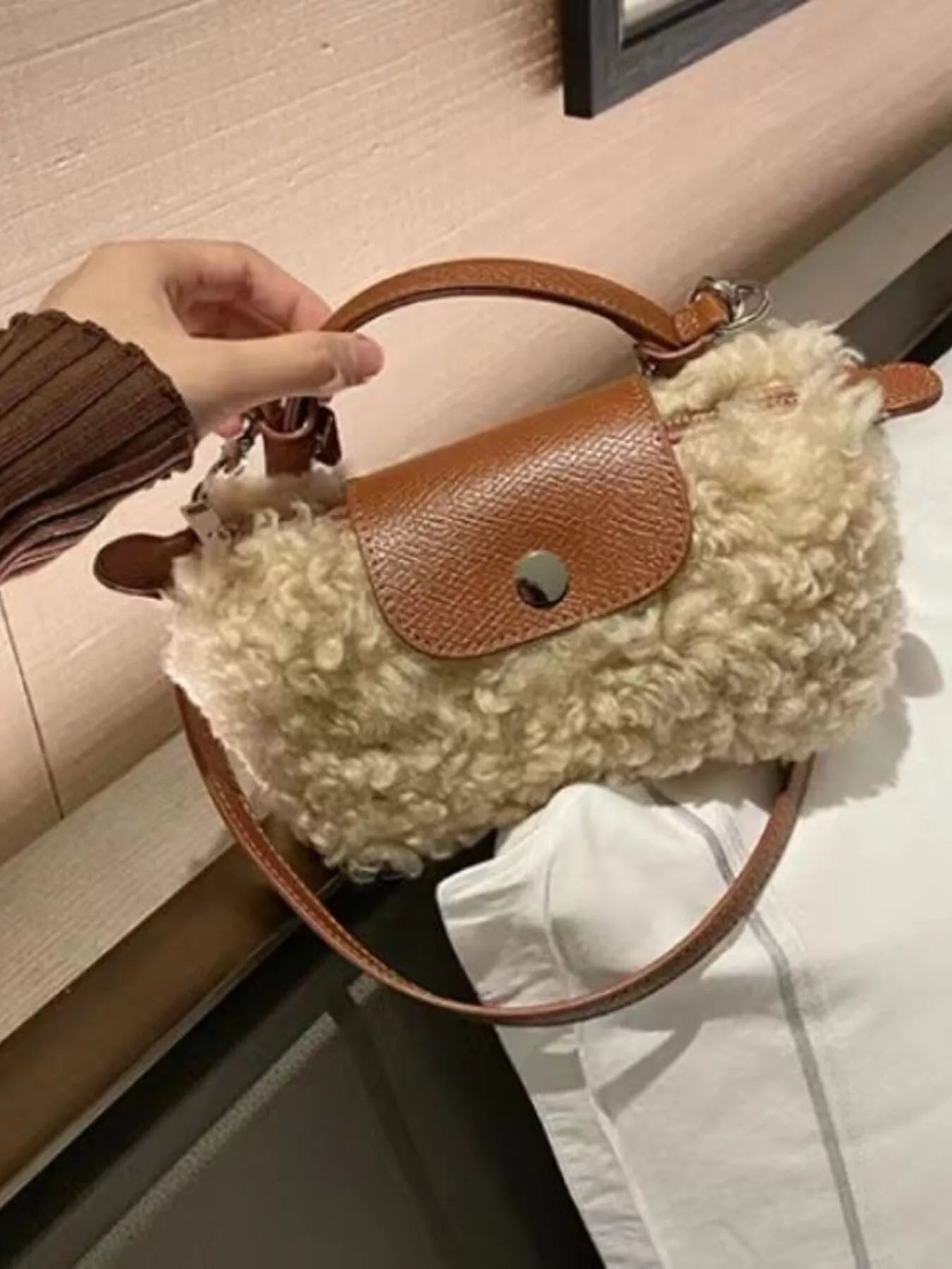 Womens Crosbody Bag Mini Kaki Fluffy Fur with Leather Accents 17023670316a4b159ea8288015455869-Max-Origin Trendsi