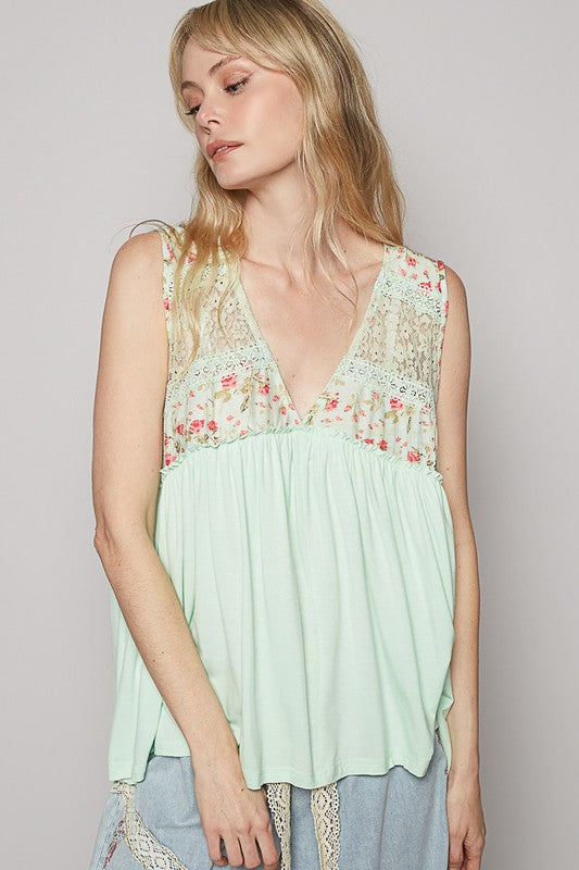 POL Top V-Neck Sleeveless Lace Detail Frill Floral Ruffle Blouse 17031100-3ef1-4c6a-8506-9e12c6d3b42c-Max Trendsi