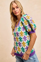 BiBi Women V Neck Knit Top Mardi Gras Fleur De Lis Patterned Short Sleeve 17056a64a9c944a98f27a2e03c0ad86f-Max-Origin Trendsi