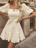 Mini Dress Apricot Eyelet Lace Embroidered Puff Short Sleeve Ruched 170d8052642b45d489d3012d8bc729d0-Max-Origin Trendsi