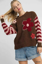 Umgee Sweater Mocha Flower Jacquard Striped Long Sleeve Knit Pullover 170f5364-b2ee-48e1-81e1-bf4474dff239-Max-Origin Trendsi