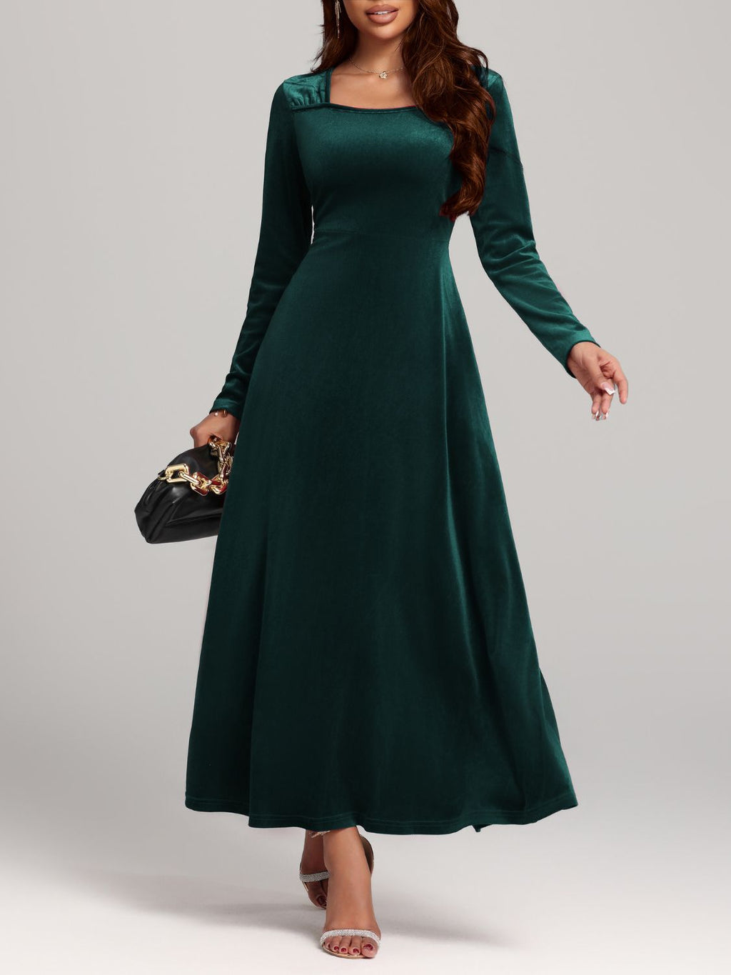 Velvet Midi Dress Square Neck Long Sleeve Women Solid Party Dress 1715a86f-a0b6-48bf-9a6b-939d42d955e1-Max Trendsi