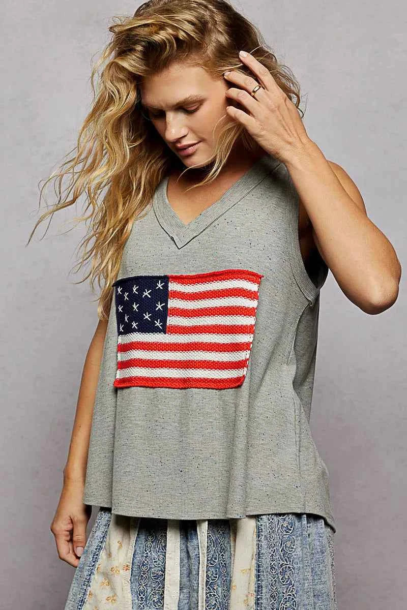 POL V-Neck Ribbed Tank with American Flag Patch and Star Back Patch
