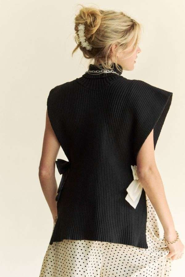 Davi & Dani USA Knit Top Black Side Split Turtleneck Sleeveless Women Sweater