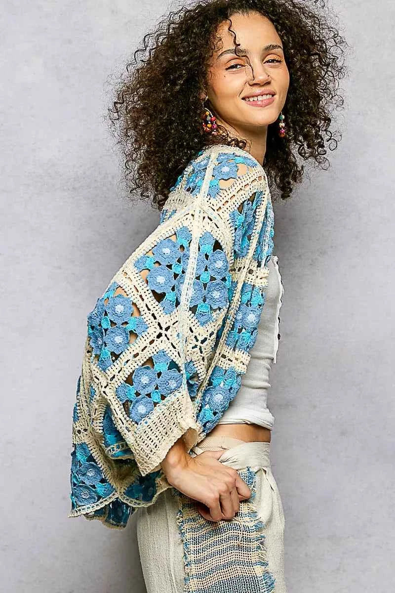 POL Crochet Cardigan Floral Blue Multi Open Front 17249336-8400-4602-851d-3c1f86c3c313-Max-Origin Trendsi