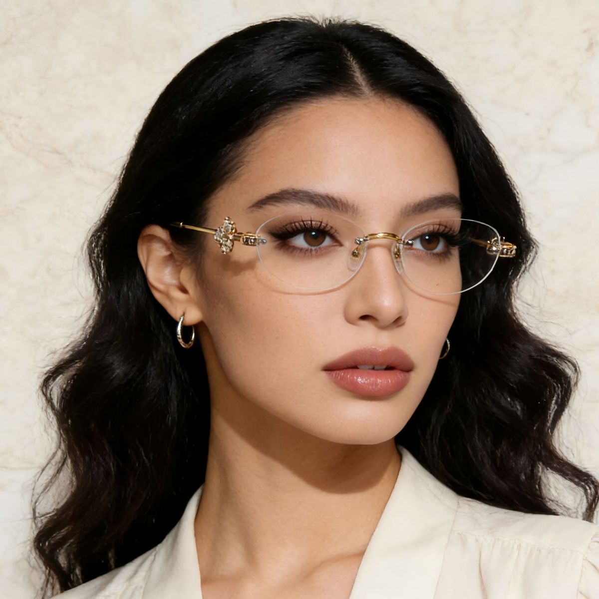 Lightweight Rimless Glasses with Metal Frame and Polycarbonate Lenses, One Size - Resin Components