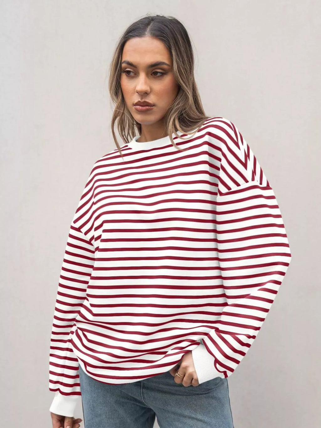 Women's Sweatshirt Striped Round Neck Oversized Casual Pullover Red 1729f495320a4698b9767bd9f7500f9c-Max-Origin Trendsi