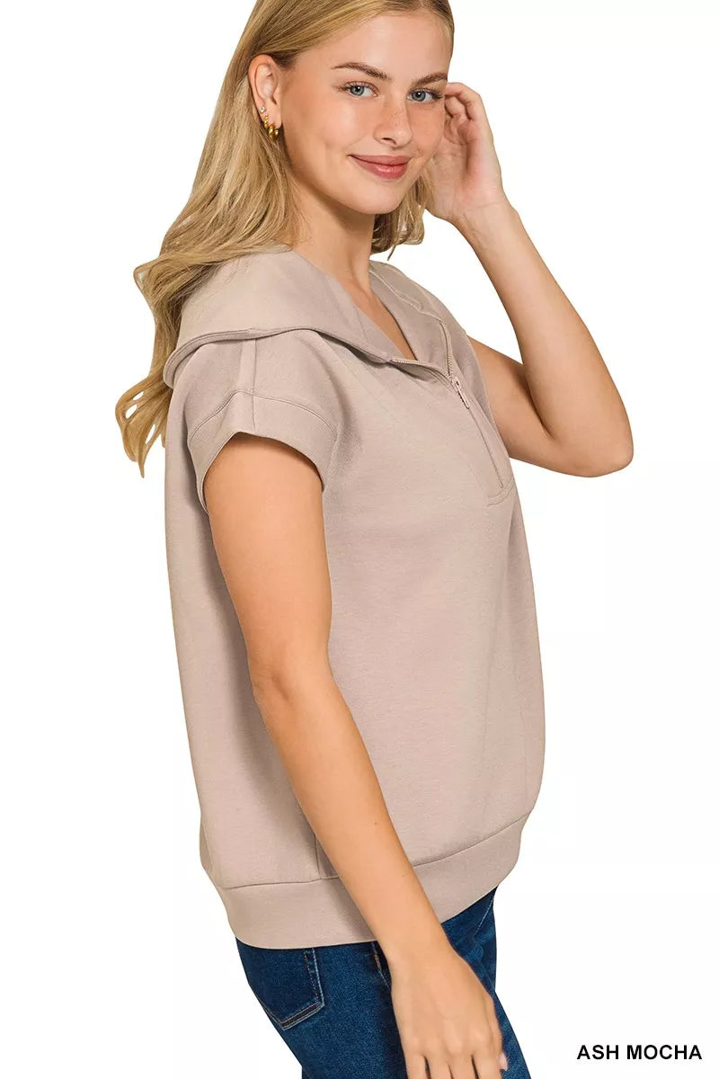 Zenana Womens Blouse Ash Mocha Scuba Half Zip Top Short Sleeve 1730b7de200d4b8ba1d6cf9591b85268-Max-Origin Trendsi