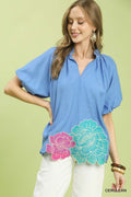 Umgee Floral Embroidered Hem Blouse