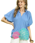 Umgee Floral Embroidered Hem Blouse