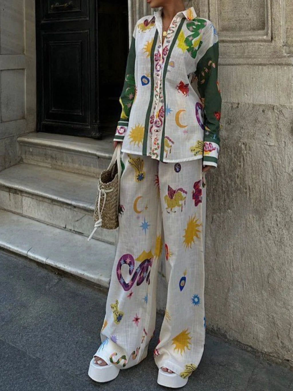 Women's Outfit Set Button Up Shirt and Wide Leg Pants White Summer Print 2 Pcs 173e90df-cd0f-461c-9c51-71687f84cc0d-Max-Origin Trendsi