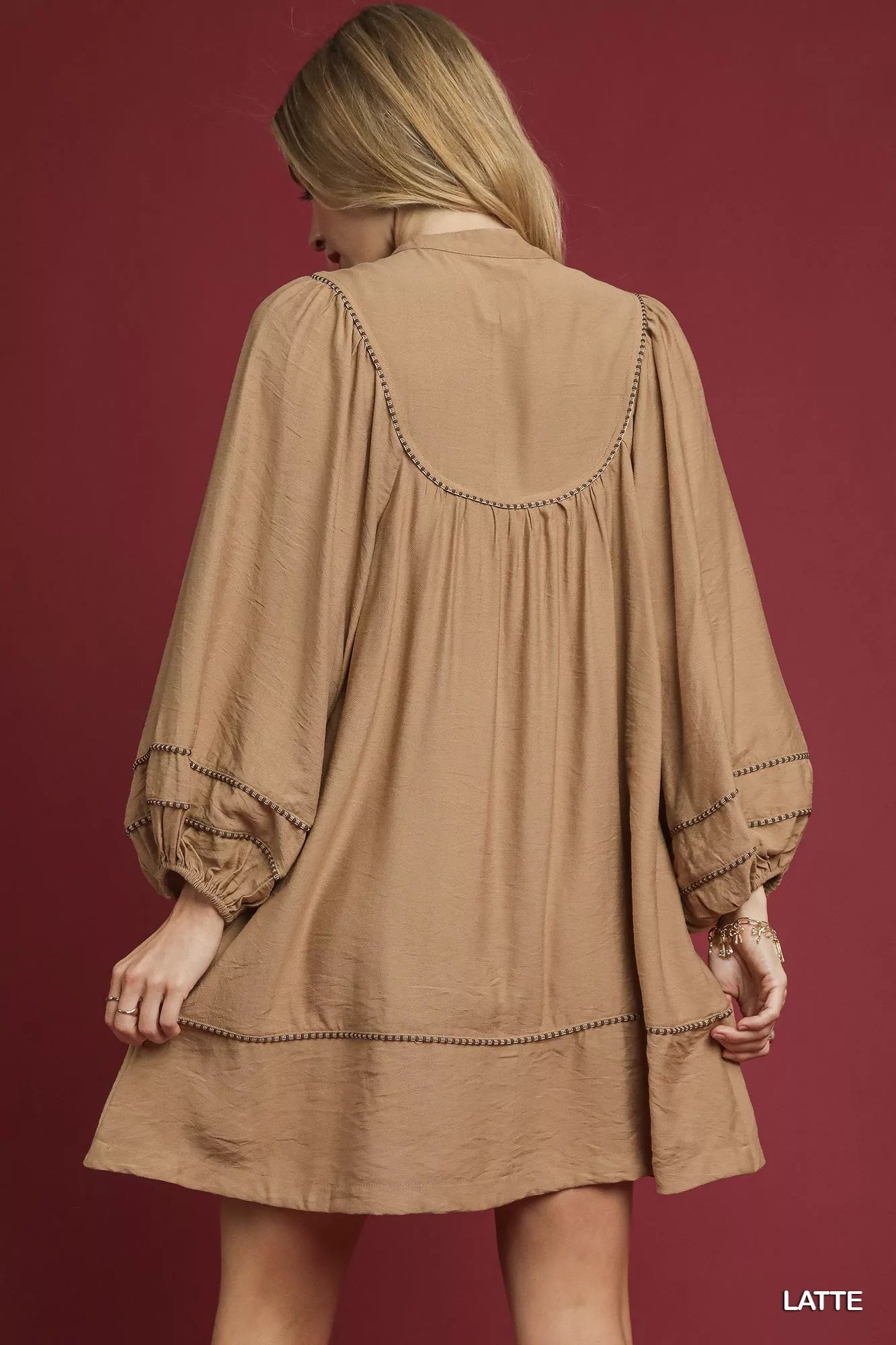 Umgee Mini Dress Latte Brown Boho Peasant Ruffled Long Sleeve with Trim Detail 1745dce9-4264-422f-b801-7d06dad92d99-Max-Origin Trendsi