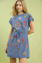 Umgee Embroidered Floral Mini Dress with Waist Tie DENIM 17472c36-6666-4892-8f1a-2f70f917e1a9-Max-Origin Trendsi