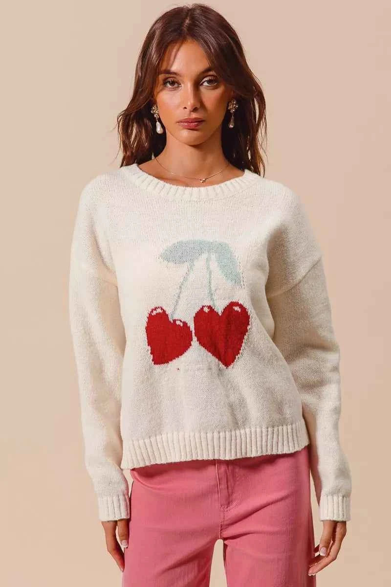 SO ME Valentine Sweater Heart Cherry Ivory Knitted Long Sleeve Top 174a46bb3fe2465ab604665f2e590dd1-Max-Origin Trendsi