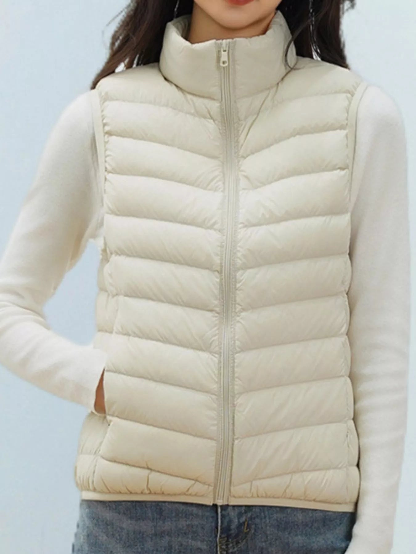 Women's Vest Coat Cream Quilted Zip Up Turtleneck Zipper 174ea016-f51d-4f64-8d5c-6030f51aec2c-Max-Origin Trendsi