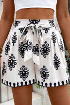 Women's White Tied Shorts Black Floral Printed High Waisted White 175441fa-10f0-4195-ba1b-30302599a0c3-Max-Origin Trendsi
