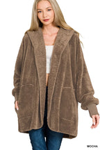 Zenana Women's Faux Fur Jacket Hooded Mocha Open Front with Pockets Parka 17628584c0564eb8b30ffa7b47e31081-Max-Origin Trendsi