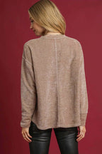 Umgee Blouse Latte Round Neck Long Sleeve Side Slit Top 176834e1-dc0b-4fe9-90ad-44a49b2fb72b-Max-Origin Trendsi
