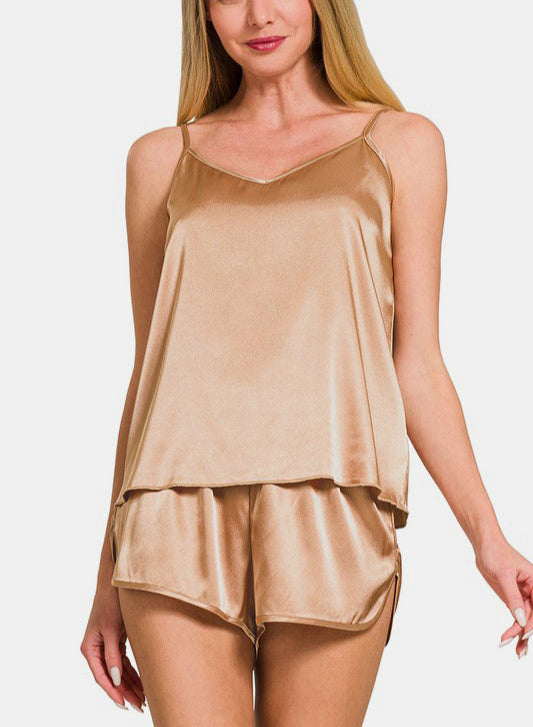 Zenana Satin Lounge Set V-Neck Cami and Elastic Waist Shorts Brush Brush 17774223-c8bb-435b-9eb0-f06f0b440afb-Max Trendsi