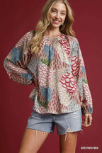 Umgee Women's Blouse Boho Feather Print Brown Mix Peasant Long Sleeve Top BROWN MIX 177ce799-30fc-4625-856e-f03695025747-Max-Origin Trendsi