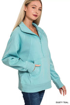 Zenana Fleece Sweatshirt Dusty Teal Half Zip with kangaroo Pocket 177dba1c14ff42128d4dc15aee15bb1d-Max-Origin Trendsi