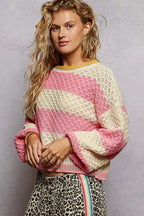 POL Women's Sweater Pink Contrast Striped Round Neck with Textured Cable Knit 177e4376-fb16-44bd-b994-1f9248e2f551-Max-Origin Trendsi