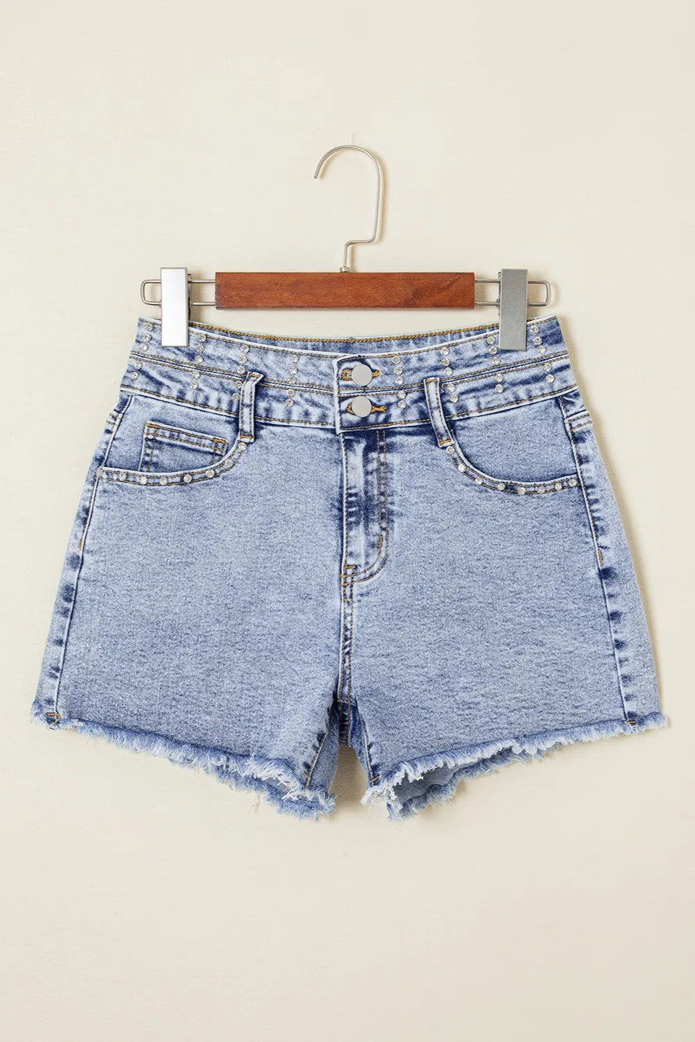 Denim Shorts Rhinestone Light Wash Raw Hem High Waist 1780d7e5-ca51-42f5-8b95-25eb9be47a98-Max-Origin Trendsi