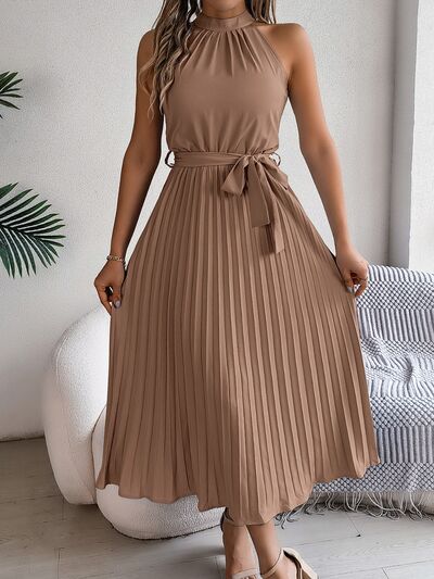 Pleated Midi Dress Grecian Neck Tie Waist Belted Halter Sleeveless 1786dbc8-d90a-4f5a-8d86-4f604b13a56b-Min Trendsi